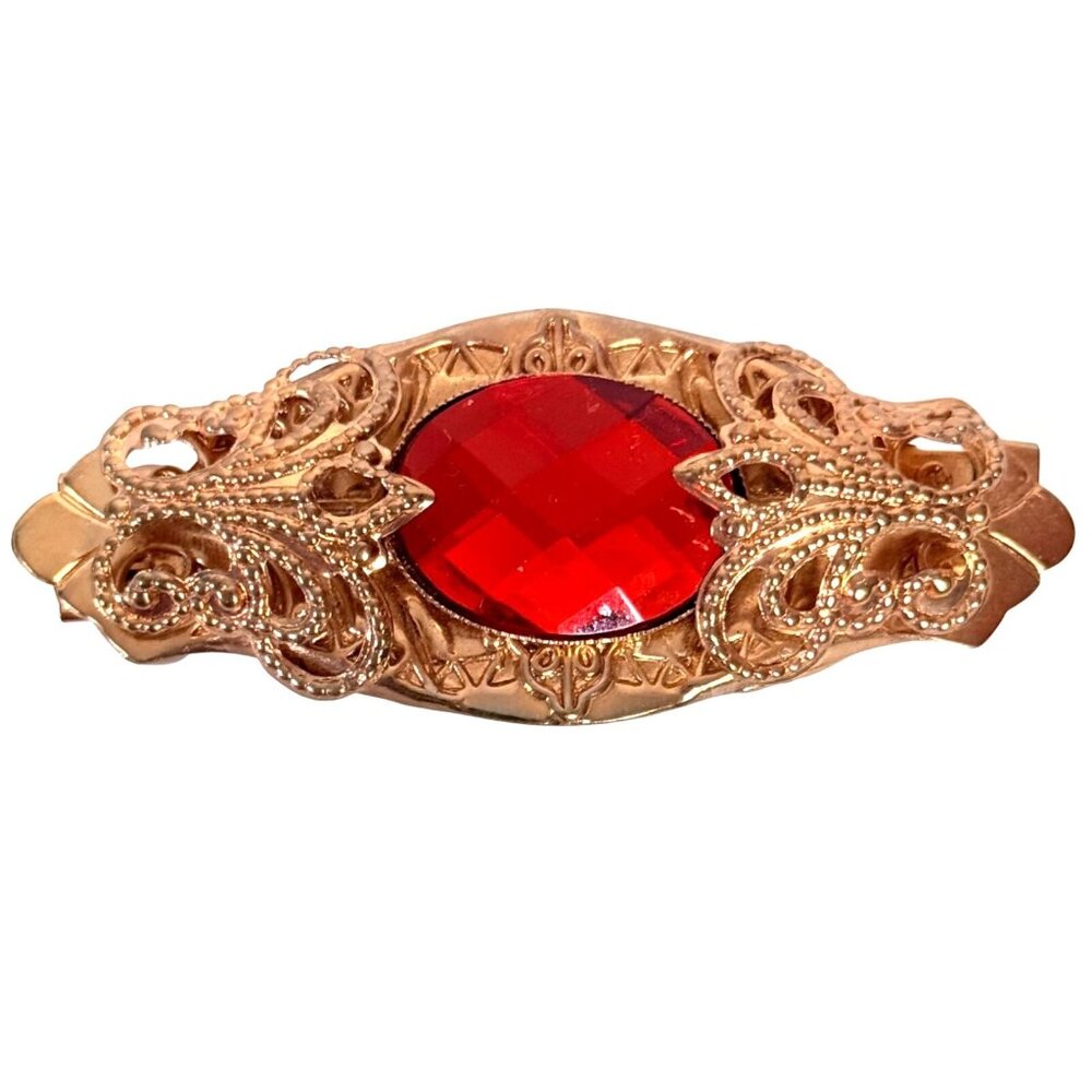 Butterfly Hair Barrette Clip VTG Ornate Red Faceted Faux Gemstone Updo Accessory